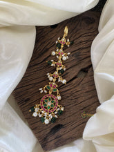 Red Green Precious Kundan Jadau Maang Tikka -Floral-Green Bead and Pearls - J2021